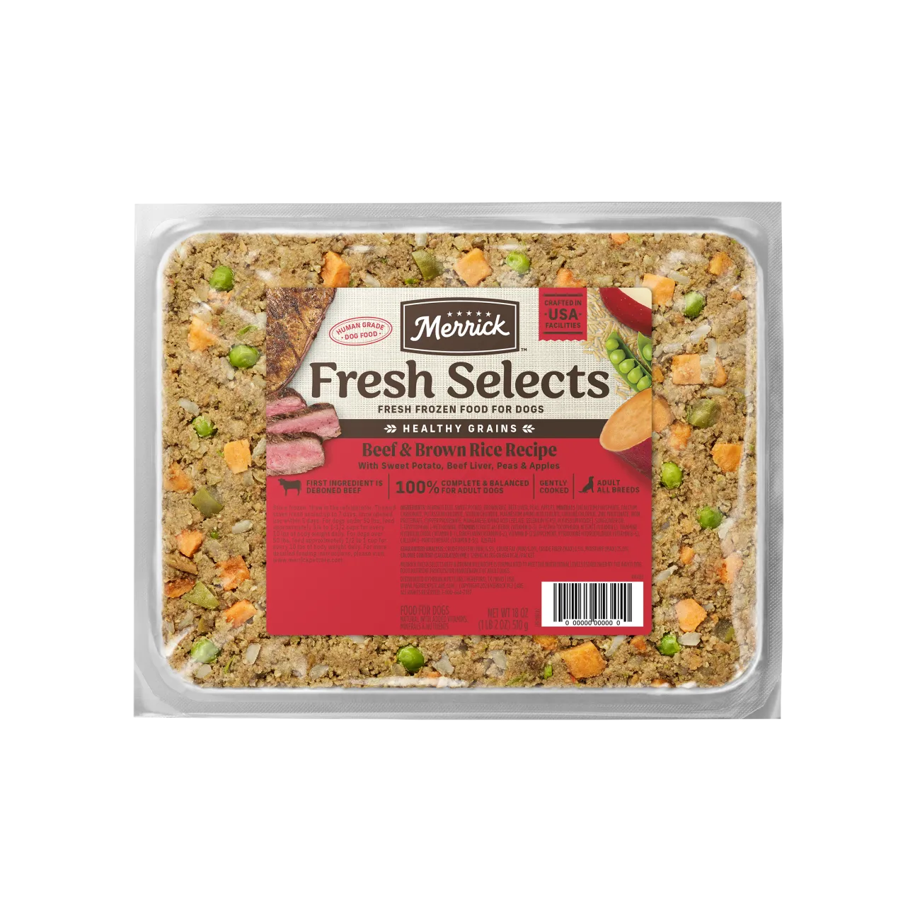 Fresh Selects Beef &amp; Brown Rice Recipe with Sweet Potato, peas, apples and Beef Liver front of package