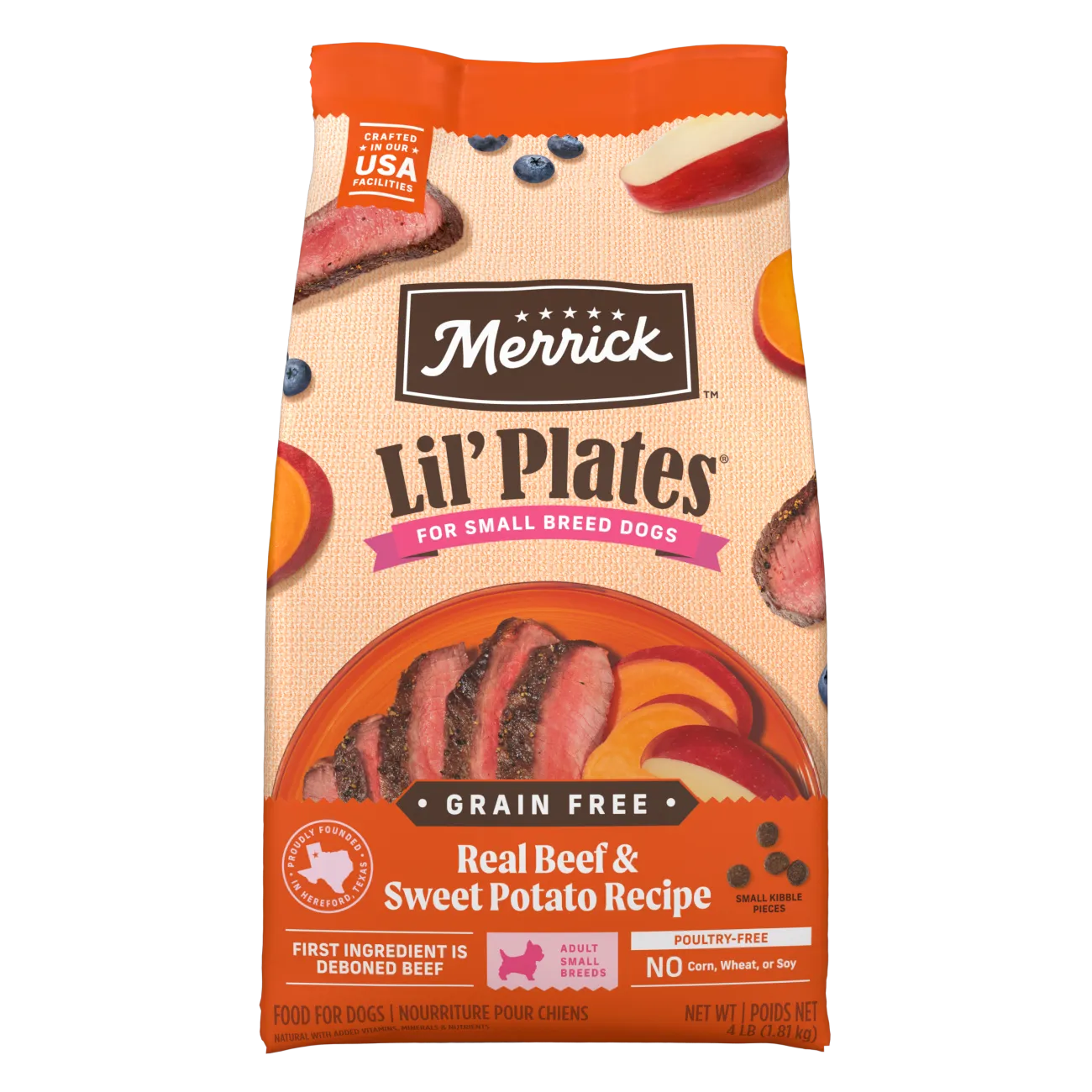 Merrick Lili' Plates for Smalll Breed Dogs. Grain Free Real Beef and Sweet Potato Recipe package.