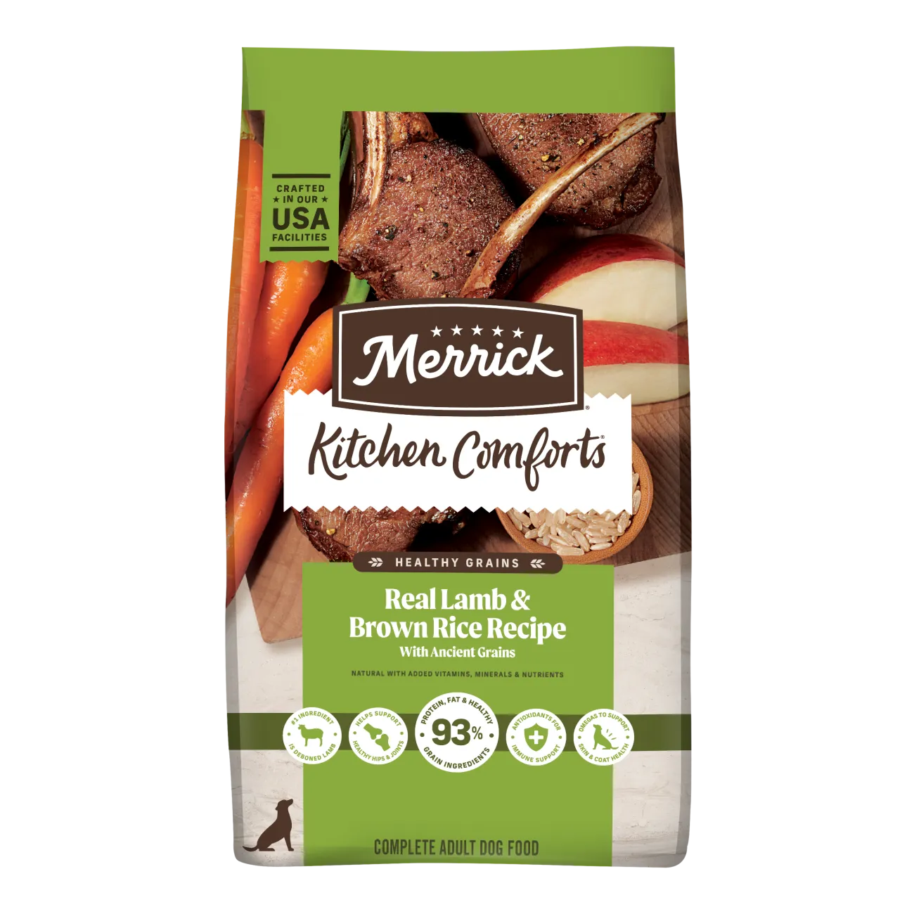 Merrick Kitchen Comforts Real Lamb and Brown Rice Recipe dog food bag.