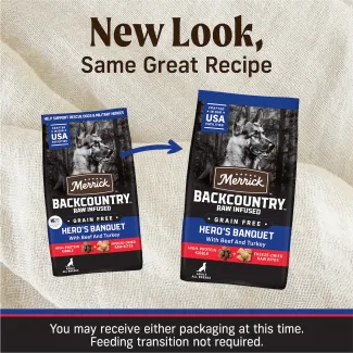 Merrick Backcountry Raw Infused Grain Free Hero's Banquest new look.