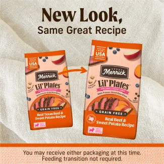 Merrick Lili' Plates for Smalll Breed DogsFreeze-Dried Raw Bites. Grain Free Real Beef and Sweet Potato Recipe new look.