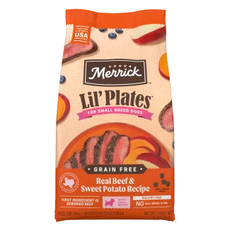 Merrick Lili' Plates for Smalll Breed Dogs. Grain Free Real Beef and Sweet Potato Recipe package.