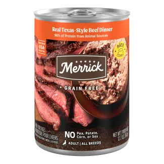 Merrick Real Texas-Style Beef Dinner Grain Free Pate package.