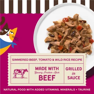 Merrick Purrfect Bistro Simmered Beef, Tomato and Wild Rice Recipe. Made with savory, protein-rich beef, grilled in sauce. Natural food with added vitamins, minerals + taurine.