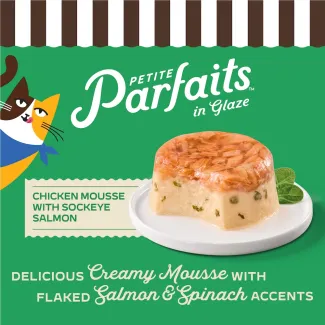 Merrick Purrfect Bistro Petite Parfaits in Glaze Chicken Mousse with Sockeye Salmon. Delicious Creamy Mousse with flaked Salmon and Spinach accents. 