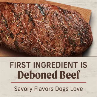 First Ingredient is deboned beef. Savory flavors dogs love.