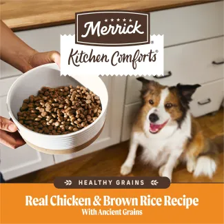 Merrick Kitchen Comforts Healthy Grains Real Chicken and Brown Rice Recipe with Ancient Grains.