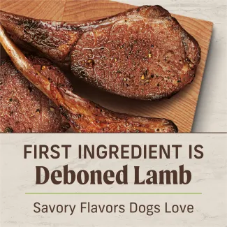 First Ingredient is deboned lamb. Savory flavors dogs love.
