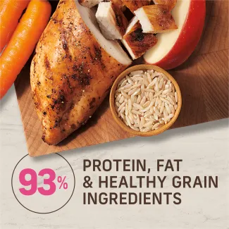 93% protein, fat and healthy grain ingredients.