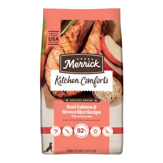 Merrick Kitchen Comforts Real Salmon and Brown Rice Recipe dog food bag.