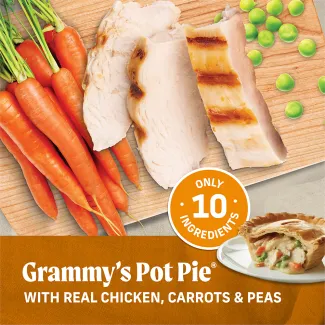 Oven Baked Grammy’s Pot Pie circular dog treats with a yellow background that says “Oven baked hand crafted in small batches with a delicious oven baked smell &amp; taste.” 