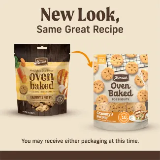 A new and an old Merrick Oven Baked Grammy's Pot Pie dog treats. New look, same great recipe. You may recieve either package at this time.