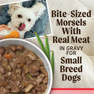 Bite-sized morsels with real meat in gravy for small breed dogs.
