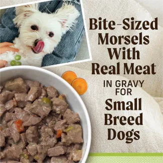 Bite-sized morsels with real meat in gravy for small breed dogs.