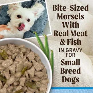 Bite-sized morsels with real meat in gravy for small breed dogs.