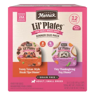 Merrick Lil Plates Teeny Texas Style Steak Tips Dinner and Tinny Thanksgiving Day Dinner variety pack package