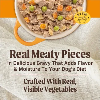Real meaty pieces in delicious gravy that adds flavor and mouisture to your dog's diet.