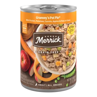 Merrick Grain Free Grammy's Pot Pie wet dog food can.