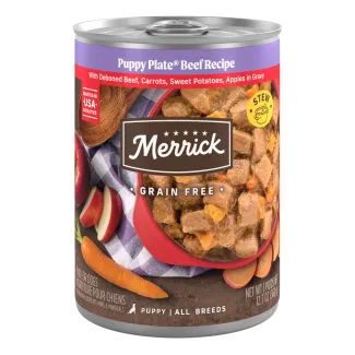 Merrick Grain Free Puppy Plate Beef Recipe wet dog food can.