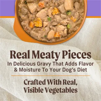 Real meaty pieces in delicious gravy that adds flavor and mouisture to your dog's diet.
