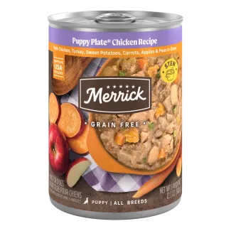 Merrick Grain Free Puppy Plate Chicken Recipe wet dog food can.