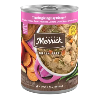Merrick Grain Free Thanksgiving Day Dinner wet dog food can.