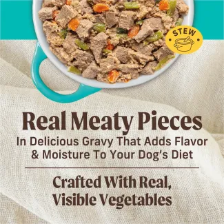 Real meaty pieces in delicious gravy that adds flavor and mouisture to your dog's diet.