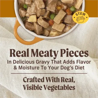 Real meaty pieces in delicious gravy that adds flavor and mouisture to your dog's diet.