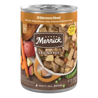 Merrick Grain Free Wilderness Blend wet dog food can.